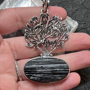 Black Tourmaline and Birds in a Tree Pendant Crystal Stone Jewelry